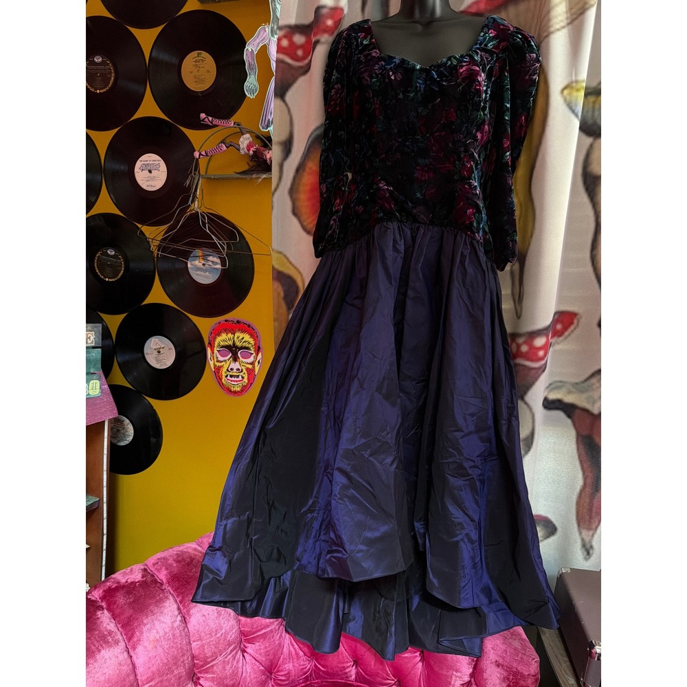 Bridal Originals Vintage 80s Floral Velvet Iridescent Taffeta Gown Dress 12